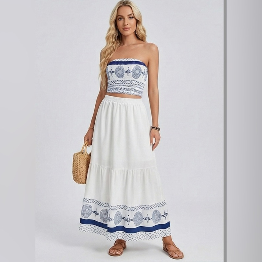 Boho 2-Piece Set - Smocked Tube Top & Tiered Maxi Skirt White/Blue
